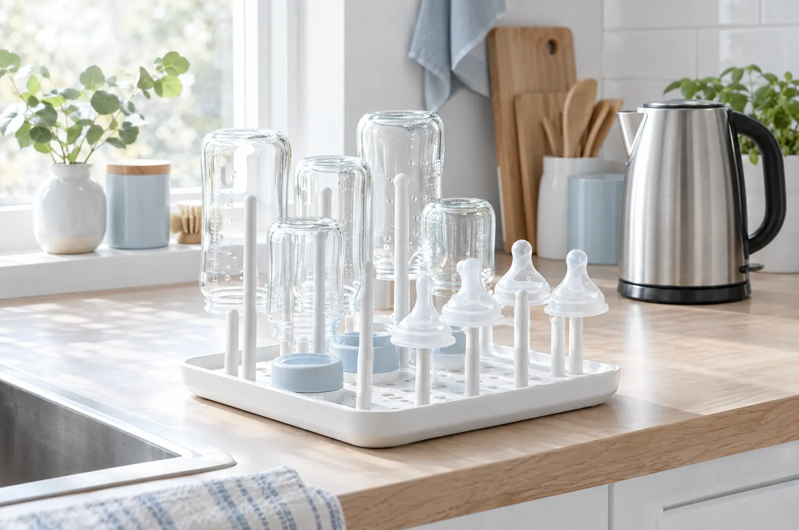 Clean baby bottles drying on a rack